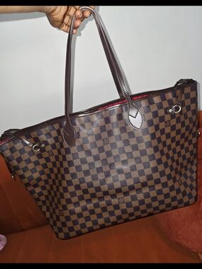 Louis Vuitton Brown Damier Canvas Tote with Red Stripe Interior